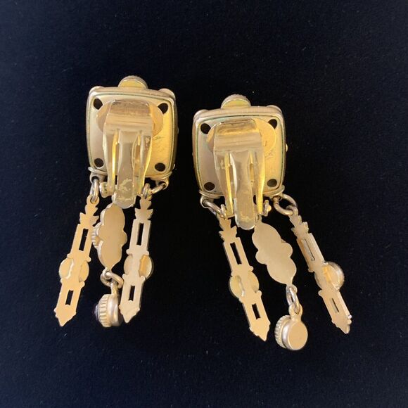 Vintage Natasha Stambouli Gemstone Matte Gold Plated Dangle Clip On Earrings - Picture 3 of 6